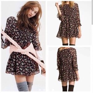 FREE People Women's Black Floral Babydoll Boho Mini Dress‎ Size Small